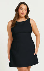 Freddie Mini Dress - Boat Neck Fit and Flare Dress in Black