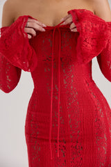Red Off Shoulder Floral Lace Maxi Dress