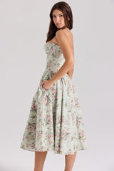Sage Floral Print Cotton Midi Dress