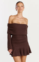 Maeve Mini Dress - Off Shoulder Long Sleeve Fit And Flare Mini Dress in Chocolate