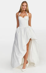 Aurella Maxi Dress - Lace Corset Bodice Asymmetric Bubble Hem Dress in White