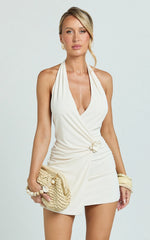 Fiora Mini Dress - Halter Neck Front Wrap Floral Trim A Line Dress in Ivory