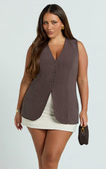 Olivia Top - Longline Linen V Neck Back Tie Vest Top in Chocolate