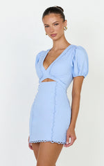 Carolyn Mini Dress - V Neck Puff Sleeve Dress in Light Blue