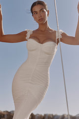 White Gathered Mesh Maxi Dress