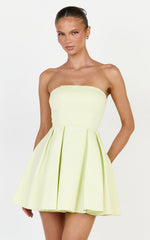 Avery Mini Dress - Strapless Fitted Bodice Full Pleated Skirt Dress in Yellow