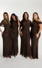 Nicolette Maxi Dress - Cape Sleeve Off Shoulder Dress in Chocolate