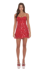 Sequin Embroidered Floral Babydoll Dress in Red