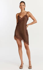 Iris Mini Dress - Lace Trim Asymmetrical Camisole Dress in Chocolate