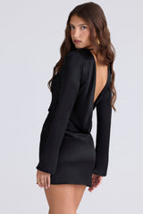 Black Satin Long Sleeve Backless Mini Dress