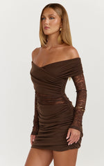Juliet Mini Dress - Off Shoulder Lace Contrast Bodycon Dress in Choc