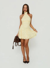 Bellanca Halter Pleat Mini Dress Butter Yellow Burnout