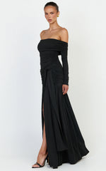 Amaya Maxi Dress - Off Shoulder Draped Long Sleeve Dress in Black