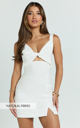 Finnley Mini Dress - Linen Twist Front Cut Out Dress in White