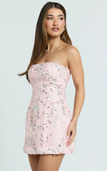 Jayden Mini Dress - Strapless A Line Dress in Pink Floral
