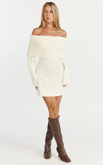 Erin Mini Dress - Cable Knit Off Shoulder Long Sleeve Dress in Cream