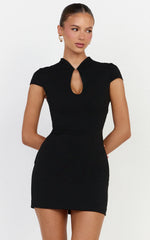 Briony Mini Dress - High Neck Front Key Hole Fitted Dress in Black