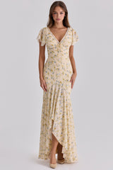 Lemon Floral Print Georgette Maxi Tea Dress