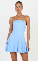 Poppy Mini Dress - Contrast Skirt Strapless Dress in Blue