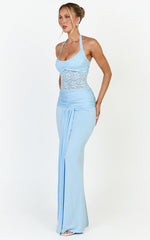 Melville Maxi Dress - Lace Bodice Draped Front Halter Dress in Blue