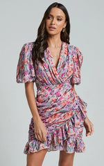 Mayslie Mini Dress - Puff Sleeve Drape Dress in Monet Floral