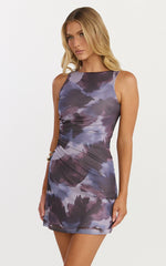 Nica Mini Dress - Mesh Boat Neck Dress in Blue Blur