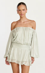 Giselle Mini Dress - Balloon Sleeve Off Shoulder Dress in Sage