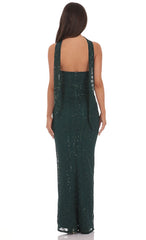 Sequin Scarf Lace Maxi Dress in Green