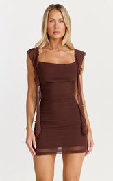 Rosha Mini Dress - Ruffle Strap Dress in Chocolate