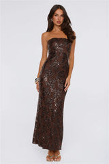 The A List Sequin Strapless Mesh Maxi Dress Brown
