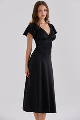 Black Real Silk V-neck Midi Tea Dress