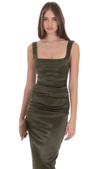 Satin Bodycon Maxi Dress in Olive Green