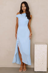 Effortless Story Off Shoulder Mesh Midi Dress Blue