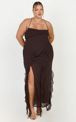 Connie Midi Dress - Ruffle Detail Dress in Chocolate
