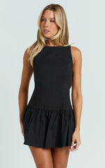 Izira Mini Dress - Boat Neck Drop Waist Shift Dress in Black
