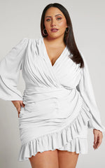 Can I Be Your Honey Mini Dress - Plunge Balloon Sleeve Dress in White