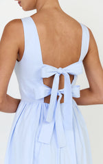 Casina Midi Dress - Boat Neck Tie Back Fit And Flare Dress in Blue