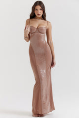 Cafe Au Lait Sequin Maxi Dress