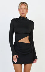Tallulah Mini Dress - High Neck Side Ruched Cut Out Dress in Black