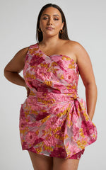 Brailey Mini Dress - One Shoulder Wrap Front Dress in Pink Jacquard