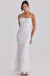 White Hand Beaded Embellished Satin Bridal Gown