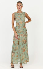 Amy Maxi Dress - Gathered Detail Front Split Sleeveless Dress in Multi