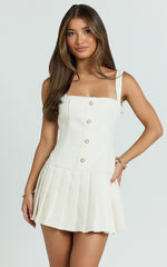 Calissa Mini Dress - Boucle Square Neck Drop Waist Pleated Dress in Cream