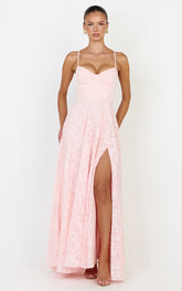 Rachel Maxi Dress - Sweetheart Neckline Jacquard Front Split Dress in Pink
