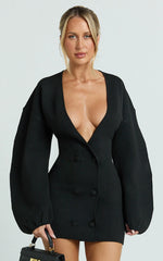 Colette Mini Dress - Wrap Front Cocoon Sleeve Button Front Knit Dress in Black
