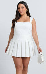 Wallace Mini Dress - Square Neck Wide Strap Drop Waist Pleated Dress in White