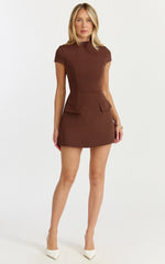 Savanna Mini Dress - High Neck Cap Sleeve Tulip Skirt Dress in Chocolate