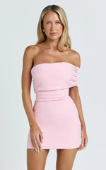 Stefanie Mini Dress - Ruched One Shoulder Dress in Pale Pink