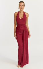 Dixie Maxi Dress - Plunge Halter Low Back Dress in Wine