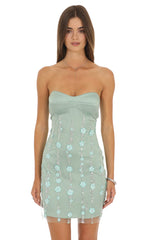 Floral Beaded Mini Dress in Sage Green